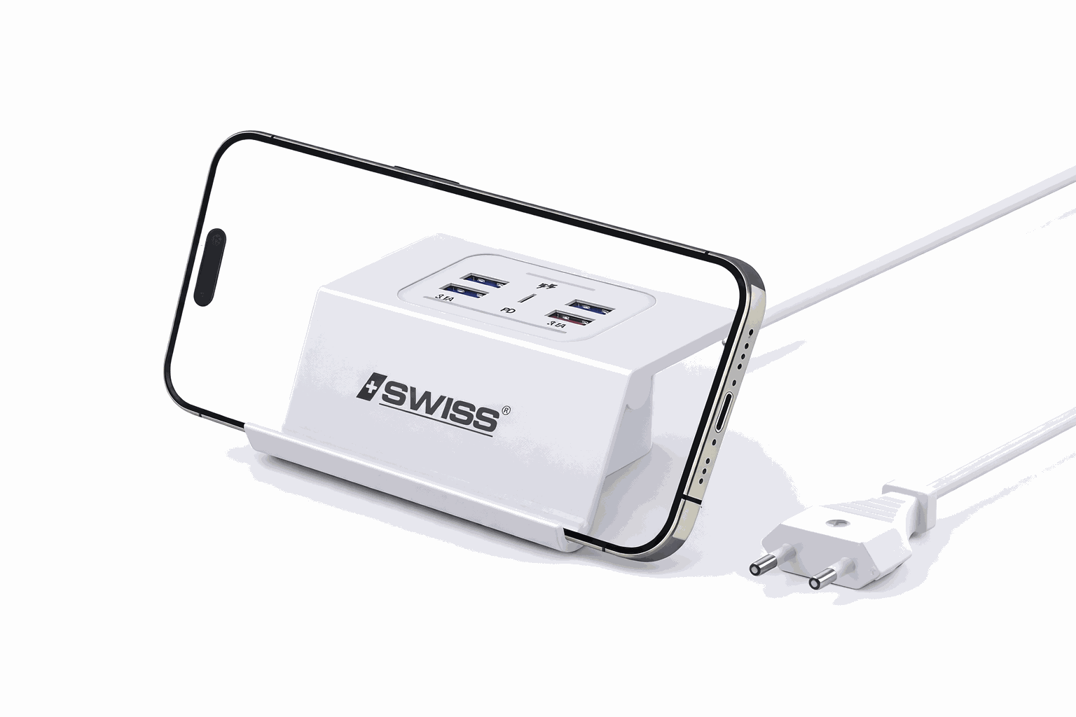 iSWISS 6-in-1 Snellaad Station with Phone Holder – 3.1A Power Adapter